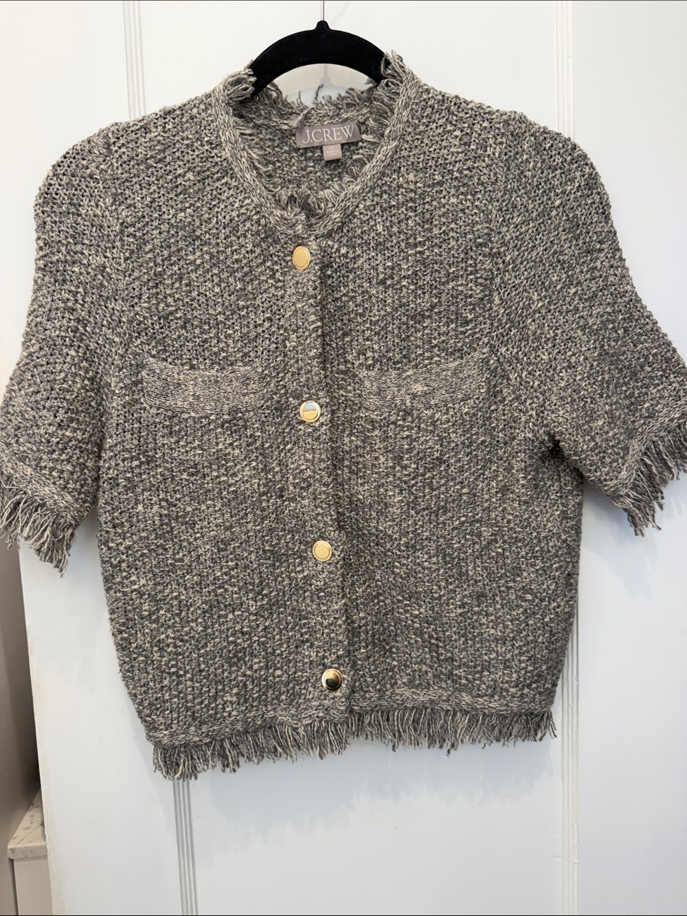 J. Crew Bouclé Short Sleeve Cardigan with Gold Buttons in Gray Fall 2024